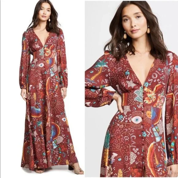 Farm Rio Burgundy Borogodo Maxi Dress Burgundy Borogodo Xs